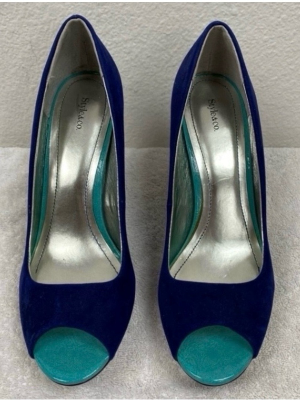 Style & Co. Women’s Blue Color Block Faux Suede Peep Toe Platform Heel Size 9